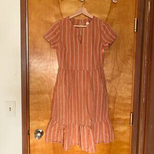 Pact Canopy Linen Blend Notch Neck Dress Organic Women's XXS Orange Striped